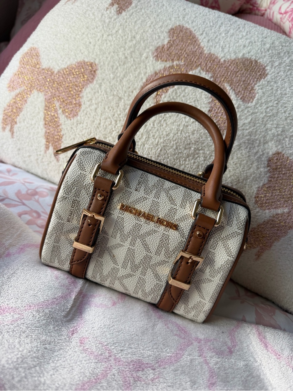 Michael Kors Cream & Brown Mini Satchel with Gold Hardware